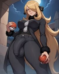 1futa ai_generated balls big_penis blonde_hair bulge bulge_through_clothing cynthia_(pokemon) dickgirl dominant dominant_futanari formal futa_only futanari hair_over_one_eye holding_balls huge_balls huge_cock pants penis_under_clothes pokeball pokemon puffyart smug solo solo_futa