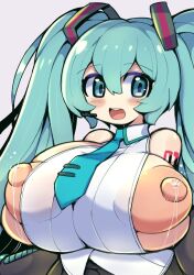 areola_slip breasts_out chibi_style clothing cyan_eyes cyan_hair exposed_breasts female hatsune_miku huge_areolae huge_breasts huge_nipples lactating nekoyuu nipple_slip open_mouth puffy_nipples simple_background tie twintails vocaloid voluptuous