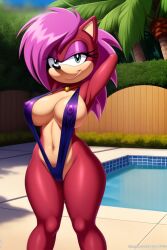 1girls ai_generated anthro ass breasts female green_eyes hedgehog looking_at_viewer magenta_fur mobian_(species) outdoors outside pink_hair rodent scratches seductive sega sling sling_bikini sonia_the_hedgehog sonic_(series) sonic_the_hedgehog_(series) sonic_underground