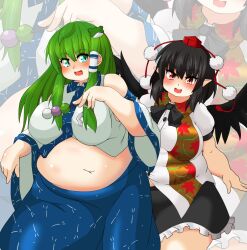 bbw belly_overhang big_belly big_female black_hair blush blush chubby chubby_female embarrassed fat fat_ass fat_female fat_fetish fat_girl fat_woman fatty green_hair large_female nerizou obese obese_female overweight overweight_female pig plump pork_chop sanae_kochiya shameimaru_aya tengu thick_thighs touhou tubby weight_gain