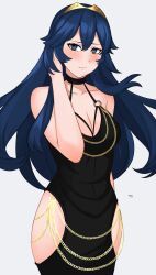 1girls absurdres alternate_costume arm_behind_head artist_name bare_shoulders black_dress blue_eyes blue_hair brand_of_the_exalt breasts cleavage_cutout clothing_cutout dress female female_only fire_emblem fire_emblem_awakening halterneck highres hip_vent kgctcg long_hair looking_at_viewer lucina_(fire_emblem) meme_attire modakawa_dress nintendo o-ring o-ring_dress small_breasts solo