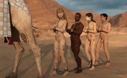 2boys 2girls 3d ankle_cuffs barefoot black_hair blonde_hair bondage bound bound_wrists breasts camel chains coffle completely_nude completely_nude_female completely_nude_male cuffs dark-skinned_male dark_skin desert dirty evan_(fantasytubasa) fantasytubasa female femsub male male_and_female_subs malesub multiple_boys multiple_girls multiple_subs nude nude_female nude_male original penis rachel_(fantasytubasa) rope slave slave_raid slaveboy slavegirl wrist_cuffs