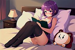 1girls ai_generated big_breasts black_stockings book breasts clothed clothed_female dress dress_lift female female_only jfxjxf no_panties purple_clothing purple_dress purple_eyes purple_hair pussy pussy_peek reading short_hair sitting sitting_on_bed stockings stuffed_animal stuffed_toy