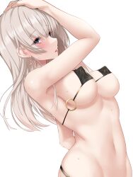 1girls arms_up belly_button bikini bikini_bottom bikini_top breasts ear_piercing earrings eyeshadow female_focus grey_eyes micro_bikini navel nipple_bulge okuri_banto original original_character parted_lips piercing simple_background solo solo_focus sweat swimsuit swimwear white_hair