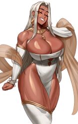 1girls big_breasts cleavage commission dark-skinned_female dark_skin dress earrings female female_only fit fit_female gauntlets legwear long_hair looking_at_viewer muscular muscular_thighs narrowed_eyes orange_eyes smiling smiling_at_viewer solo sotcho thick_thighs very_high_resolution white_armwear white_background white_dress white_hair white_legwear