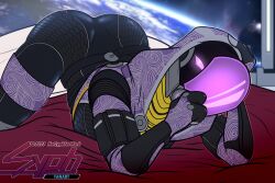 alien_girl ass doggy_style_position fully_clothed glowing_eyes helmet hood looking_at_viewer mass_effect massive_ass quarian skintight_bodysuit sypherus tali'zorah_nar_rayya thick_ass thick_thighs