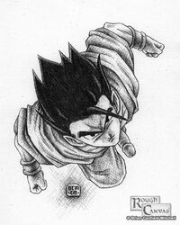 1boy black_hair clothes dragon_ball dragon_ball_z hair male male_only monochrome penis rough_canvas solo son_gohan