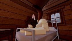 1girls 3d 3d_(artwork) all_fours alternate_version_available animal_ears ass barefoot bed big_ass brown_hair cabin completely_nude completely_nude_female female female_only full_body indoors long_hair naked naked_female nude nude_female on_bed roblox robloxian solo solo_female tail that_rel