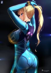 ass blonde_hair chinchongcha female female_only looking looking_back metroid nintendo samus_aran sideboob skin_tight solo tagme tying_hair zero_suit_samus