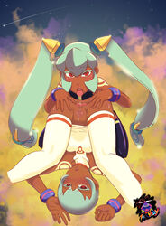 2girls anilingus anus badguyfactory capcom female gaping gaping_anus green_hair hair mega_man mega_man_legends multiple_girls oral pussy red_eyes rimming sera_(mega_man_legends) short_hair thighhighs tied_hair twintails yuna_(mega_man_legends) yuri