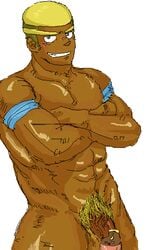 bara blonde_hair blush brown_eyes censored dark_skin male male_only marshal_(pokemon) muscle muscles penis pokemon pokemon_(game) pokemon_bw porkyman pubic_hair stunfisk yaoi