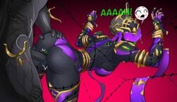 1girls bondage bound excalibur_umbra_(warframe) female khora_(warframe) part_of_a_set spacemaxmarine warframe