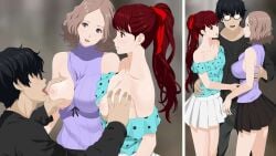 akira_kurusu cottage haru_okumura kasumi_yoshizawa no_bra persona persona_5 persona_5_royal red_hair ren_amamiya sumire_yoshizawa tagme