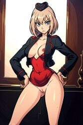 ai_generated ai_hands black_jacket blue_eyes bottomless breasts frown girls_und_panzer hands_on_own_hips highres itsumi_erika jacket large_breasts public public_indecency pussy red_shirt shirt tiny_waist white_hair