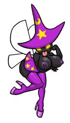 1girls black_skin breasts cartoony female female_only glowing_eyes heels insect_wings lordstevie pixie purple_nipples solo tongue tongue_out topless wings witch_hat yellow_eyes