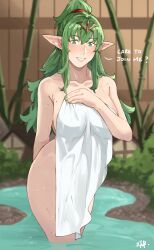 1girls bamboo bath blush breasts cleavage commentary covering_privates english_commentary english_text female female_only fingernails fire_emblem fire_emblem_awakening green_eyes green_hair green_nails hair_between_eyes hair_ornament highres inviting jewelry large_breasts lips long_hair looking_at_viewer mole mole_on_breast naked_towel nintendo nude_cover onsen partially_submerged pink_lips pointy_ears ponytail sakuremi seductive_smile sidelocks signature smile solo text thighs tiki_(adult)_(fire_emblem) tiki_(fire_emblem) towel water wet