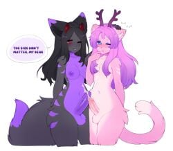 1boy 1futa 2023 anthro antlers balls big_penis blush bodily_fluids breasts canid canine cum dialogue domestic_cat duo english_text erection felid feline felis femboy feminine_male fox fur furry futa_is_bigger futa_with_male futanari genital_fluids genitals girly gynomorph gynomorph/male hair head_pat hi_res horn intersex intersex/male katsucoffee long_hair male mammal nipples nude one_eye_closed penis penis_size_difference simple_background speech_bubble tail text vein veiny_penis white_background