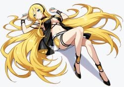 absurdly_long_hair ai_generated blonde_hair blue_eyes blue_nails breasts choker female heels knees_up large_breasts lily_(vocaloid) lying_on_back navel shadow simple_background skimpy_clothes skirt solo tagme thighs vocaloid