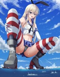 1girls blonde_hair blue_eyes destruction giantess hair_ribbon kantai_collection kk528956 long_hair macro military miniskirt panties shimakaze_(kantai_collection) sideboob small_breasts squatting stomach striped_socks thong v-cut warship