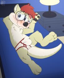 aka_the_otter bed blush briefs bulge clothing embarrassed eyewear fur furniture glasses hair hi_res lying mammal mustelid nutty_bo on_bed otter tail underwear