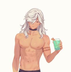 1boy arupi_art cyno_(genshin_impact) dark-skinned_male genshin_impact gray_hair hair_between_eyes hoyoverse muscular_male solo solo_male tanned_skin tattoo topless