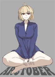 1girls alternate_costume antenna_hair arcueid_brunestud ass bare_legs barefoot big_ass big_breasts blonde_hair blue_shirt blush breasts cleavage collared_shirt crossed_legs curvy curvy_figure female huge_breasts jonyeld long_sleeves looking_at_viewer melty_blood naked_shirt open_clothes partially_unbuttoned perspective red_eyes shirt short_hair sideways sitting smile solo tagme top_heavy tsukihime type-moon