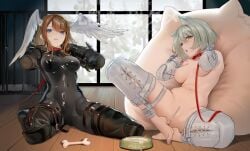 2girls bdsm bdsm_gear bdsm_outfit belly_button bitchsuit blue_eyes bondage bondage_gear bondage_outfit bone bound bound_arms bound_legs breasts brown_hair cage cat_ears catgirl censored_pussy collar cum_in_bowl eunie_(xenoblade) feathered_wings feet female female_only femsub fh_moya head_wings hi_res high_entia kneeling latex latex_suit leash leash_and_collar leather long_hair looking_at_viewer mio_(xenoblade) monolith_soft multiple_girls multiple_subs name_on_pet_bowl navel nintendo nipples pet_bowl petplay short_hair skin_tight submissive submissive_female white_hair xenoblade_(series) xenoblade_chronicles_3 yellow_eyes