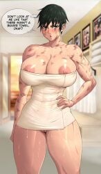 1girls big_breasts female female_focus female_only green_hair jujutsu_kaisen large_breasts looking_at_viewer muscles muscular muscular_female scars short_hair solo solo_female solo_focus towel towel_only vicsenpai zenin_maki