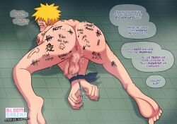 after_anal after_sex blonde_hair bloomsaber body_writing censored censored_anus censored_penis gay gay_domination male naruto nude tied_hands tied_up uzumaki_naruto yaoi