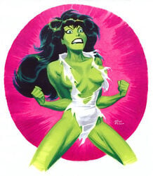 1girls big_breasts bruce_timm female female_only green_hair green_skin hulk_(series) long_hair marvel marvel_comics she-hulk solo torn_clothes visible_nipples white_background