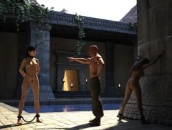 1boy 2girls 3d arms_behind_back bald bald_man black_hair blonde_hair chained chained_ankles completely_nude completely_nude_female fantasytubasa nude nude_female original shackles slave slavegirl topless topless_male