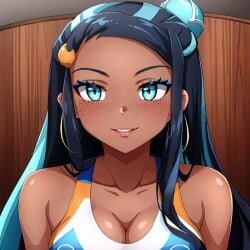 ai_generated big_breasts blue_eyes blush busty cleavage closeup creatures_(company) crop_top curvy face_focus female female female_only freckles game_freak hair_ornament hi_res highres looking_at_viewer multicolored_hair nessa_(pokemon) nintendo pokemon pokemon_(game) pokemon_trainer seraphim_ai smile solo stable_diffusion