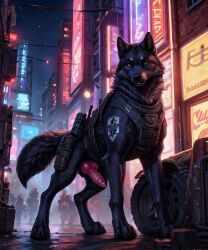 absurd_res ai_generated animal_genitalia animal_penis black_body black_fur bodily_fluids canid canine canine_genitalia canine_penis canis clothing cyberpunk feral fur genital_fluids genitals harness hi_res knot male male_only mammal neon_lights penis police police_uniform precum solo tactical_gear tattoo thunderwolf uniform wolf