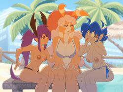 3girls :3 :3d animated beach bikini emi_(twistedgrim) female female_only friendship funny_face innocense multiple_girls outdoors ponytail short_hair side-tie_bikini slugar_(twistedgrim) tagme twistedgrim