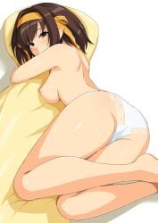 ass brown_eyes brown_hair eyebrows_visible_through_hair feet female_only half-closed_eyes hanging_breasts haruhisky headband hugging_pillow medium_breasts nipples panties short_hair suzumiya_haruhi suzumiya_haruhi_no_yuuutsu thick_thighs white_panties yellow_headband yellow_ribbon