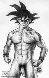 dragon_ball dragon_ball_z erect_nipples fist half-erect looking_at_viewer male male_only monochrome nude penis rough_canvas solo son_goku tagme toned_body wristbands