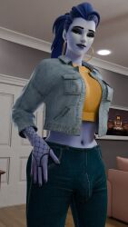 3d bulge bulge_down_leg bulge_grab bulge_under_clothes clothed flaccid flaccid_penis futa_only futanari hung_futanari nyl_widowmaker overwatch overwatch_2 solo sug_madic3d widowmaker