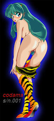 1990s 1999 1girls 20th_century blue_eyes blush boots codama female female_pubic_hair green_hair horns humanoid large_breasts light-skinned_female light_skin long_hair lum oni pointy_ears princess tagme tiger_print urusei_yatsura