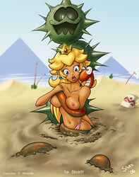 1girls ayvuir_blue blonde_hair blue_eyes blush breasts cactus cobrat crown desert earrings female female_focus heart_eyes lipstick long_hair looking_down mario_(series) nintendo nipples open_mouth panties pokey_(mario) princess_peach quicksand shax_(artist) shaxbert snake super_mario_bros._2 tan_skin topless vase worried