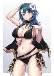 1girls alternate_costume arm_up ass_visible_through_thighs bikini black_bikini black_cape black_swimsuit blue_eyes blue_hair breasts byleth_(female)_(fire_emblem) byleth_(fire_emblem) cape cleavage commentary cowboy_shot female female female_only fire_emblem fire_emblem:_three_houses fire_emblem_heroes flower hair_flower hair_ornament hand_up large_breasts long_hair navel nintendo official_alternate_costume shinae solo standing stomach swimsuit teal_hair thighs