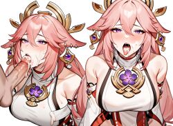 ai_generated blowjob cum cum_in_mouth fellatio female genshin_impact open_mouth oral pink_hair purple_eyes shenhewe solo_focus tongue upper_body yae_miko