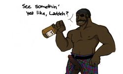 1boy average_sized_penis balls boner dark-skinned_male demoman erect_nipples erection exposed_penis eye_patch facial_hair feet_out_of_frame hard_on inviting_to_sex kilt kilt_up liquor_bottle looking_at_viewer male male_only mostly_nude muscular_male presenting_penis scottish scottish_accent scottish_male solo speaking_to_viewer team_fortress_2 topless watch_cap white_background wilson