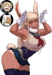 1girls ai_generated arched_back big_breasts blonde_hair blood blunt_bangs bunny_girl curvy dirty_blonde_hair fangs fusion fusion_character gloves gyaru heterochromia himiko_toga krystalizedart large_breasts leotard long_hair looking_at_viewer miruko muscular muscular_female my_hero_academia narrow_waist rabbit rabbit_ears rabbit_pose red_eyes sailor_collar smile solo solo_focus straight_bangs straight_hair tan tan_body thick_thighs thighhighs tight_clothing tongue tongue_out white_background yellow_eyes