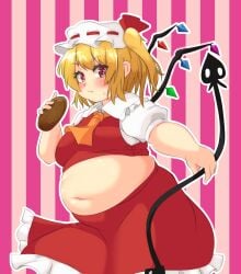 bbw belly_overhang big_belly big_female blonde_hair blush blush chubby chubby_female embarrassed fat fat_ass fat_female fat_fetish fat_girl fat_woman fatty flandre_scarlet food large_female nerizou obese obese_female overweight overweight_female pig plump pork_chop thick_thighs touhou tubby vampire vampire_girl weight_gain