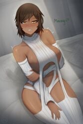 1girls big_breasts blush brown_hair dark_skin limbus_company lingerie looking_at_viewer outis_(limbus_company) outis_(project_moon) project_moon revealing_clothes short_hair skimpy skimpy_clothes surprised sweat thick_thighs yellow_eyes