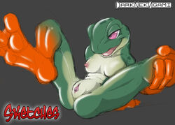 anthro breasts darknek0gami everquest_2 female female_only frog froglok green_skin nude orange_skin pussy solo tagme white_skin