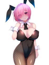 1girls areola_bulge breasts bunny_ears bunny_girl bunnysuit cleavage eyeshadow fate/grand_order fate_(series) female_focus fishnets large_breasts mash_kyrielight navel_visible_through_clothes nipple_bulge okuri_banto pink_eyes pink_hair playboy_bunny short_hair simple_background smile solo solo_focus thighs