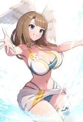 1girls absurd_res alternate_costume beach bikini blue_bikini blue_swimsuit breast_tattoo breasts brown_hair busty curvy eunie_(xenoblade) female female_only gonzarez head_wings highres large_breasts long_hair midriff monolith_soft navel nintendo official_alternate_costume slim_waist swimsuit tattoo thick_thighs thighs voluptuous water wet white_bikini white_swimsuit wide_hips wings xenoblade_(series) xenoblade_chronicles_3