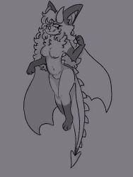 bat bat_wings breasts dragon_hybrid dragon_tail floating fluffy_hair furry furry_breasts furry_female horns long_hair