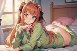 ai_generated bed bedroom big_ass brown_hair cute doki_doki_literature_club feet green_hair laying_down laying_on_stomach monika_(doki_doki_literature_club) pajamas_pull smile